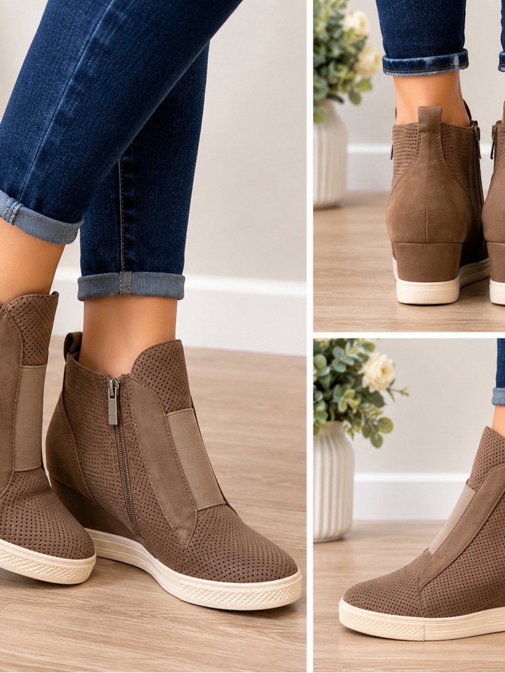 Women's Taupe Perforated Wedge Sneaker Boot
